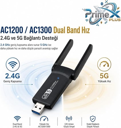 PrimeX PX-AC1200 USB 3.0 WiFi Adaptör, Realtek RTL8812BU, AC1200/AC1300 Dual Band 2.4G-5G, 802.11ac Kablosuz Ağ Alıcı, PC Laptop Masaüstü için Wireless USB Dongle