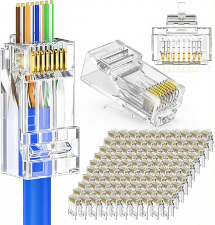 EZ RJ45 Yeni Nesil Delikli Konnektör - CAT5/CAT6 Uyumlu 8P8C Ethernet Network Ucu - Şeffaf UTP Jack (100 Adet)