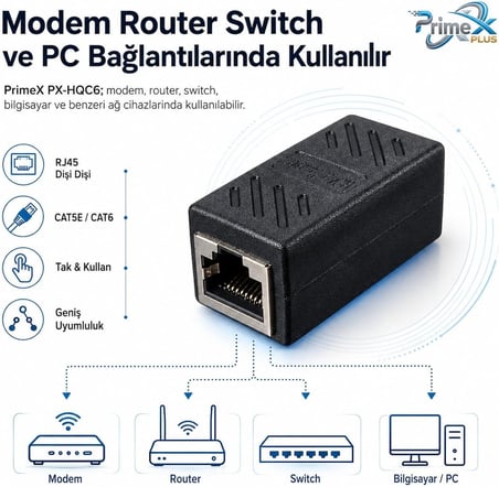 PrimeX PX-HQC6 RJ45 Dişi Dişi Ethernet Ara Aparatı, CAT5E/CAT6 LAN Kablo Birleştirici, Gigabit Network Kablo Uzatma Adaptörü, Modem Router Switch PC İçin RJ45 Dişi Dişi Coupler