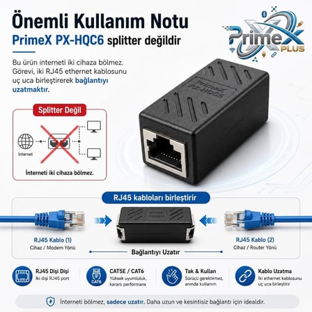 PrimeX PX-HQC6 RJ45 Dişi Dişi Ethernet Ara Aparatı, CAT5E/CAT6 LAN Kablo Birleştirici, Gigabit Network Kablo Uzatma Adaptörü, Modem Router Switch PC İçin RJ45 Dişi Dişi Coupler