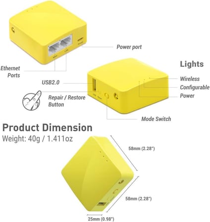 GL-MT300N-V2(Mango) Taşınabilir Mini Seyahat Kablosuz Cep VPN WiFi Yönlendirici - Erişim Noktası/Genişletici/WDS | OpenWrt | 2 x Ethernet Bağlantı Noktası | OpenVPN/Wireguard VPN | USB 2.0