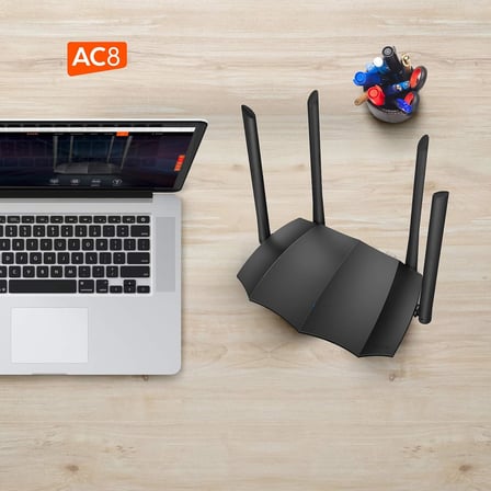 AC8 WLAN Dual Band Gigabit Router 1200Mbit/s (867Mbit/s 5GHz + 300Mbit/s 2.4GHz, 4 Gigabit Port, Mu-MIMO,4 * 6dBi Harici Anten, Uygulama Kontrolü, IPV6) Siyah