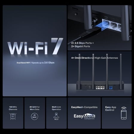 MR27BE; BE3600 Mbps, Fiber Destekli, 2× 2.5 Gbps WAN&LAN Port + 2× Gbps Port, Easy Mesh Uyumlu, Dual-Band Wi-Fi 7 Router