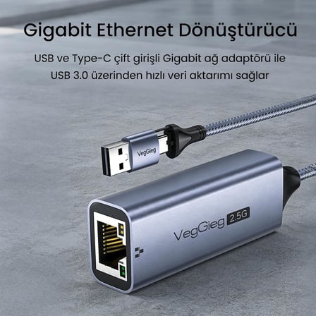 USB-A ve Type-C 2.5G Gigabit Ethernet Dönüştürücü Adaptör