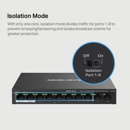 MS110P, 10-Port 10/100Mbps Desktop Switch with 8-Port PoE+