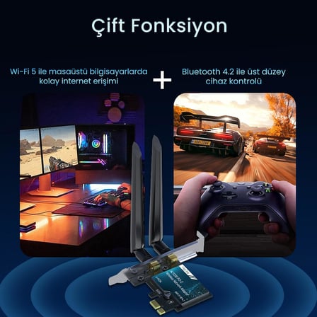 AX1200 Wi-Fi 5 Alıcı ve Bluetooth 4.2 Adaptör 5DB Dual Anten PCIe Wifi Ağ Kartı