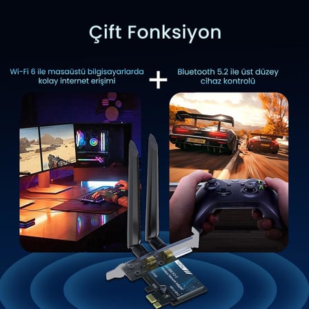 AX1800 Wi-Fi 6 Alıcı ve Bluetooth 5.2 Adaptör 5DB Dual Anten PCIe Wifi Ağ Kartı