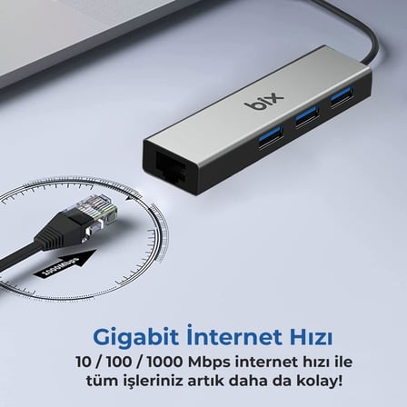 BX06HB USB 3.0, 1000Mbps Güvenilir Kablolu Ağ Bağlantısı, 3 Portlu Çoklayıcı Hub Windows 10, 8.1, 8, 7, Vista, XP ve Mac OS 10 Uyumlu