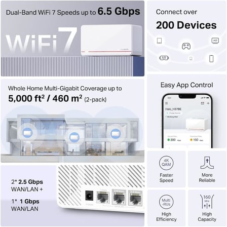 Halo H37BE(2-pack) | Wi-Fi 7 Mesh Sistemi | BE6500 Mbps Hız | Fiber Uyumlu | Dual-Band | 2× 2.5G Port | 4K-QAM | MLO| 650 m² Kapsama | Mobil Uygulama ile Kolay Kurulum – Güçlü ve Hızlı Ev Ağı