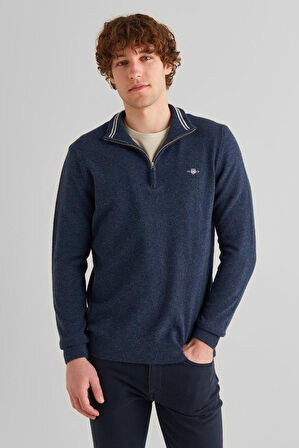 Erkek Regular Fit Yarım Fermuarlı Yün Kazak - Lacivert | L