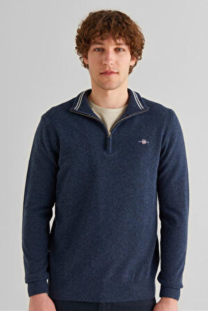 Erkek Regular Fit Yarım Fermuarlı Yün Kazak - Lacivert | L