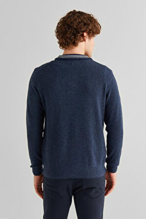 Erkek Regular Fit Yarım Fermuarlı Yün Kazak - Lacivert | M