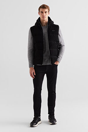 Erkek Regular Fit Fermuar Şeritli Kapüşonlu Yelek - Siyah | M