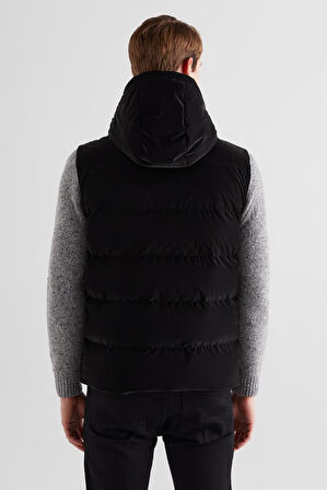 Erkek Regular Fit Fermuar Şeritli Kapüşonlu Yelek - Siyah | S