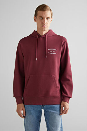 Erkek Kapüşonlu Logolu Sweatshirt - Bordo | L