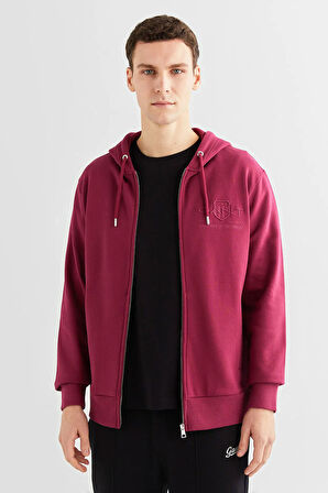 Erkek Regular Fit Kapüşonlu Logolu Sweatshirt - Bordo  | L