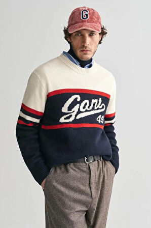 Gant Erkek Lacivert Relaxed Fit Bisiklet Yaka Logolu Kazak