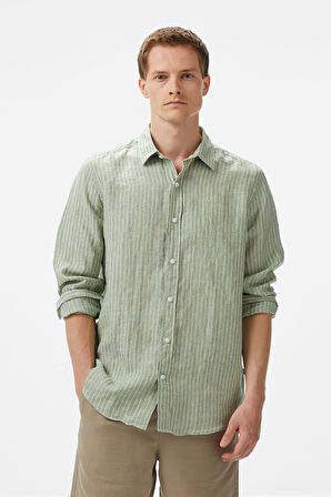 Erkek Classic Fit Çizgili Keten Gömlek - Yeşil | M