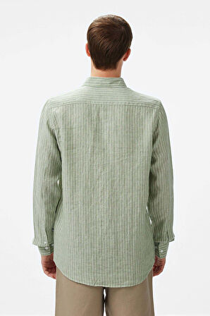 Erkek Classic Fit Çizgili Keten Gömlek - Yeşil | M