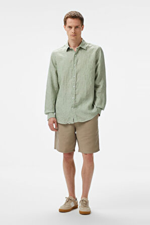 Erkek Classic Fit Çizgili Keten Gömlek - Yeşil | M