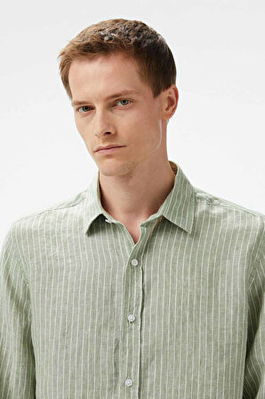 Erkek Classic Fit Çizgili Keten Gömlek - Yeşil | M