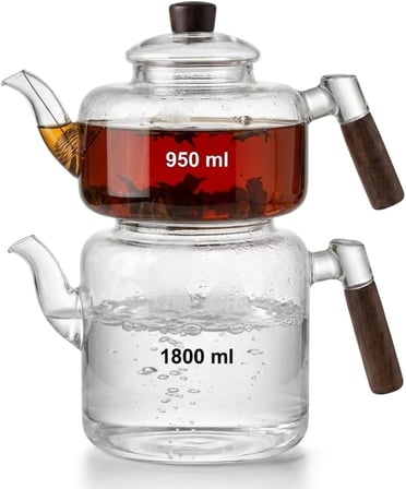 Akasya Cam Çaydanlık Takımı 1800 ml + 950 ml - Ahşap Kulplu Isıya Dayanıklı Borosilikat Şeffaf Çaydanlık