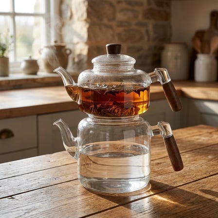 Akasya Cam Çaydanlık Takımı 1800 ml + 950 ml - Ahşap Kulplu Isıya Dayanıklı Borosilikat Şeffaf Çaydanlık
