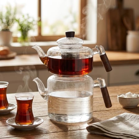 Akasya Cam Çaydanlık Takımı 1800 ml + 950 ml - Ahşap Kulplu Isıya Dayanıklı Borosilikat Şeffaf Çaydanlık