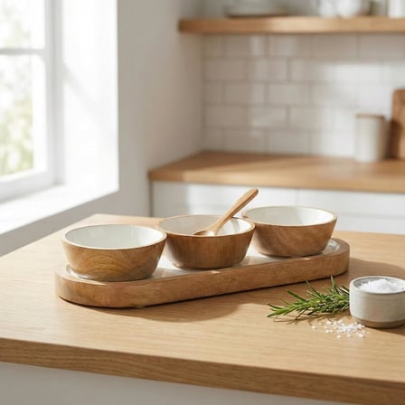 Mango Ağacı Standlı 3'lü Kase Seti - İçi Emaye Kaplama Doğal Ahşap Çerezlik ve Sosluk - 30 cm Sunum Tepsili Dekoratif Set (DÜZ DESEN)