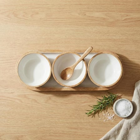 Mango Ağacı Standlı 3'lü Kase Seti - İçi Emaye Kaplama Doğal Ahşap Çerezlik ve Sosluk - 30 cm Sunum Tepsili Dekoratif Set (DÜZ DESEN)