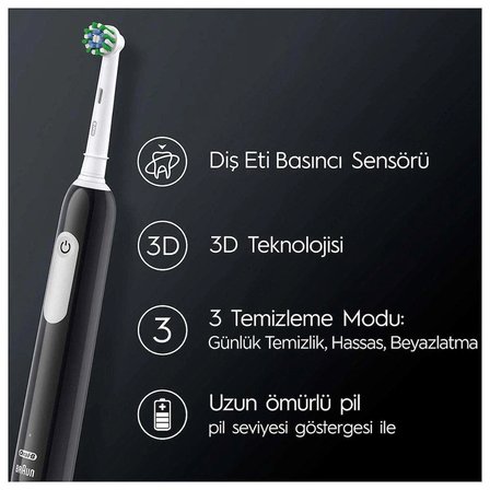 Oral-B Pro Serisi 1 Siyah Elektrikli Diş Fırçası, 1 Diş Fırçası Başlığı, Braun Tasarımı