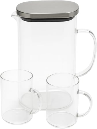 Borosilikat 1800 ml Cam Sürahi ve 2'li Bardak Seti Paslanmaz Çelik Kapaklı