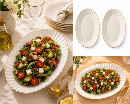 Oval Porselen Tabak Seti, Altın Kenarlı, Krem Rengi, 2'li Salata Meze Tabağı Sofra Şık Sunum Servis Kahvaltılık Atıştırmalık Çerez Seramik İnce Altın Detaylı 32x13