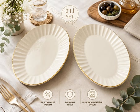 Oval Porselen Tabak Seti, Altın Kenarlı, Krem Rengi, 2'li Salata Meze Tabağı Sofra Şık Sunum Servis Kahvaltılık Atıştırmalık Çerez Seramik İnce Altın Detaylı 32x13