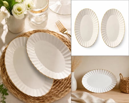 Oval Porselen Tabak Seti, Altın Kenarlı, Krem Rengi, 2'li Salata Meze Tabağı Sofra Şık Sunum Servis Kahvaltılık Atıştırmalık Çerez Seramik İnce Altın Detaylı 32x13