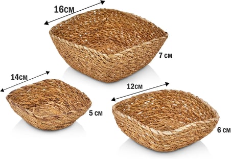 3'lü El Yapımı Hasır Kare Dekoratif Çerezlik Meyvelik, Dekoratif Amaçlı Mini Hasır Sepetler (16cm*16cm*7cm-14cm*14cm*6cm-12cm*12cm*5cm)