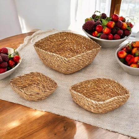 3'lü El Yapımı Hasır Kare Dekoratif Çerezlik Meyvelik, Dekoratif Amaçlı Mini Hasır Sepetler (16cm*16cm*7cm-14cm*14cm*6cm-12cm*12cm*5cm)