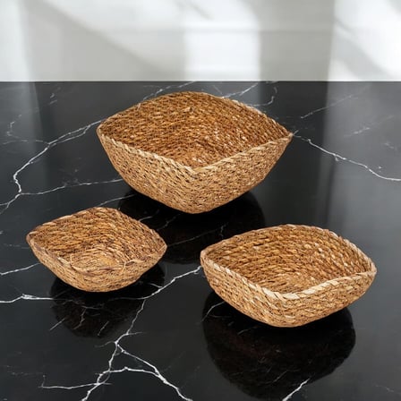 3'lü El Yapımı Hasır Kare Dekoratif Çerezlik Meyvelik, Dekoratif Amaçlı Mini Hasır Sepetler (16cm*16cm*7cm-14cm*14cm*6cm-12cm*12cm*5cm)