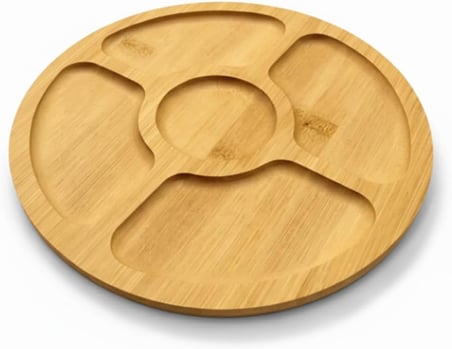 5 Bölmeli Yuvarlak Doğal Bambu Sunum Tabağı - 20 cm Çapında Çerezlik, Kahvaltılık ve Sosluk Ahşap Servis Tepsisi