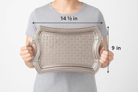 Osmanlı Motifli Dikdörtgen Metal Servis Tepsisi – Kulplu 2 Kişilik Sunum Tepsisi, 37 x 23 cm, 373 g, Gold ve Gümüş Renk Seçeneği (Gümüş Rengi)
