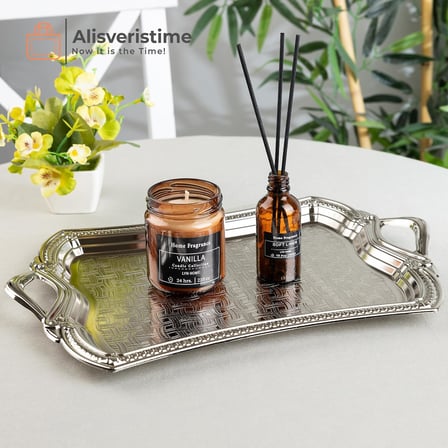Osmanlı Motifli Dikdörtgen Metal Servis Tepsisi – Kulplu 2 Kişilik Sunum Tepsisi, 37 x 23 cm, 373 g, Gold ve Gümüş Renk Seçeneği (Gümüş Rengi)