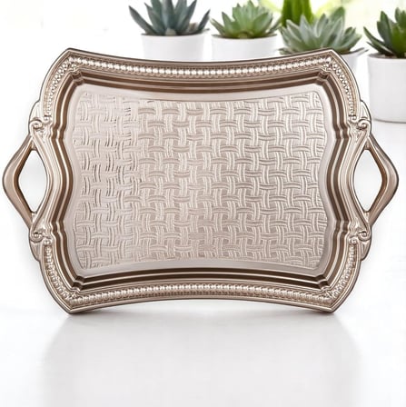 Osmanlı Motifli Dikdörtgen Metal Servis Tepsisi – Kulplu 2 Kişilik Sunum Tepsisi, 37 x 23 cm, 373 g, Gold ve Gümüş Renk Seçeneği (Gümüş Rengi)