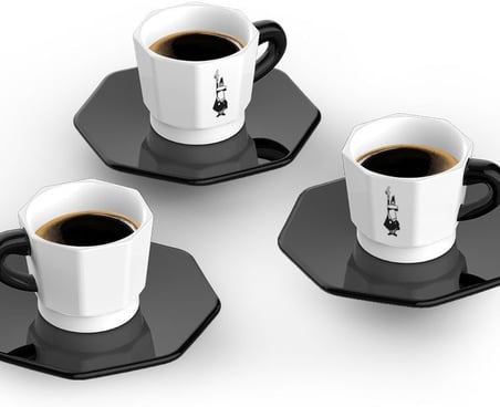 4'lü Espresso Fincan Seti - Sekizgen Tasarım - Siyah Beyaz Karma Renk - Porselen