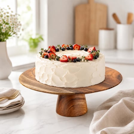 Akasya Ahşap Ayaklı Pasta Standı, 33 cm Yuvarlak Kek ve Tatlı Sunum Tabağı