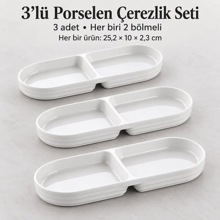 2 Bölmeli Porselen Çerezlik 3’lü Set, 25,2 × 10 × 2,3 cm, Beyaz Oval Kuruyemiş ve Kuru Meyve Tabağı, Kahvaltılık Zeytinlik, Meze Sos ve Atıştırmalık Sunum Tabağı, 3 Adet