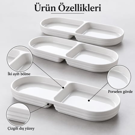 2 Bölmeli Porselen Çerezlik 3’lü Set, 25,2 × 10 × 2,3 cm, Beyaz Oval Kuruyemiş ve Kuru Meyve Tabağı, Kahvaltılık Zeytinlik, Meze Sos ve Atıştırmalık Sunum Tabağı, 3 Adet