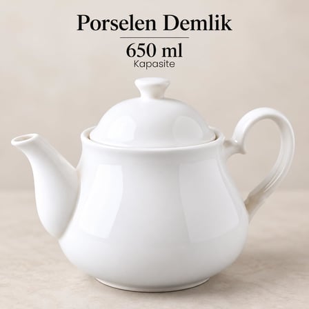 Porselen Demlik 650 ml, Beyaz Kapaklı Çay Demliği, Oval Kulplu ve Uzun Dökme Ağızlı, Siyah Çay ve Bitki Çayı Demleme, Kahvaltı ve Sofra Servisi İçin, 1 Adet