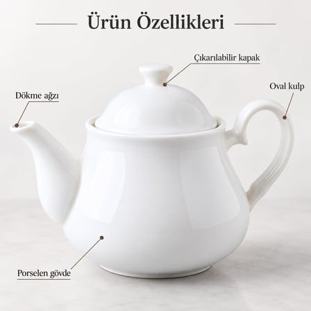 Porselen Demlik 650 ml, Beyaz Kapaklı Çay Demliği, Oval Kulplu ve Uzun Dökme Ağızlı, Siyah Çay ve Bitki Çayı Demleme, Kahvaltı ve Sofra Servisi İçin, 1 Adet