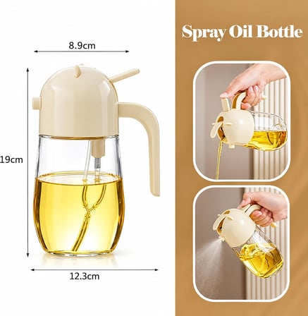 Sprey Yağlık ve Yağdanlık, Cam Hazneli 2’si 1 Arada Yağ Püskürtücü ve Dökücü, 600 ml, Krem