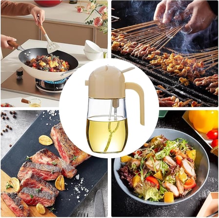 Sprey Yağlık ve Yağdanlık, Cam Hazneli 2’si 1 Arada Yağ Püskürtücü ve Dökücü, 600 ml, Krem